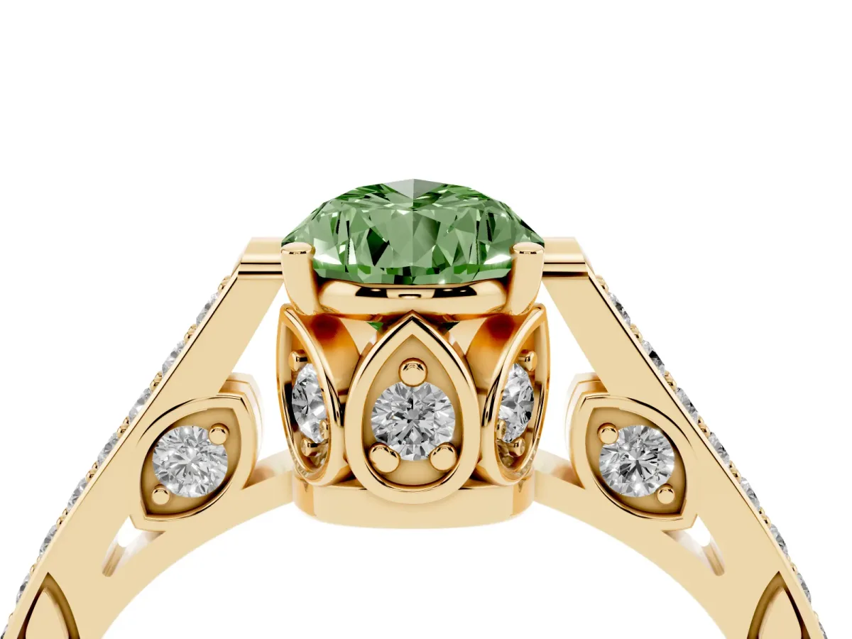 Fancy Green Pear Cut Cut Cathedral Pave Diamond Engagement Ring with Six-Prong Setting Yellow gold