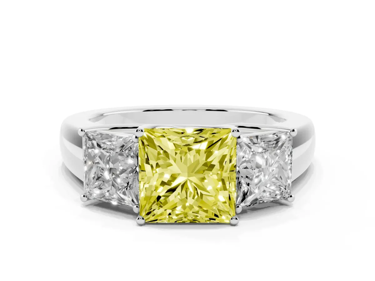 Fancy Yellow Three-Stone Princess Cut Cut Diamond Ring with Prong Setting and Classic Band Silver