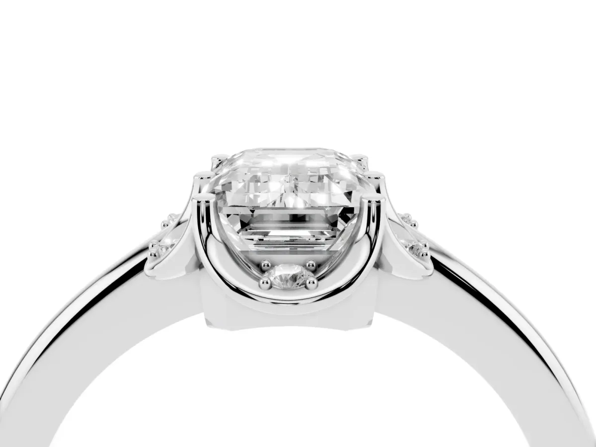 Emerald Cut Halo Diamond Ring with Round Cluster Setting, Solitaire Band, and Four-Prong Setting Silver