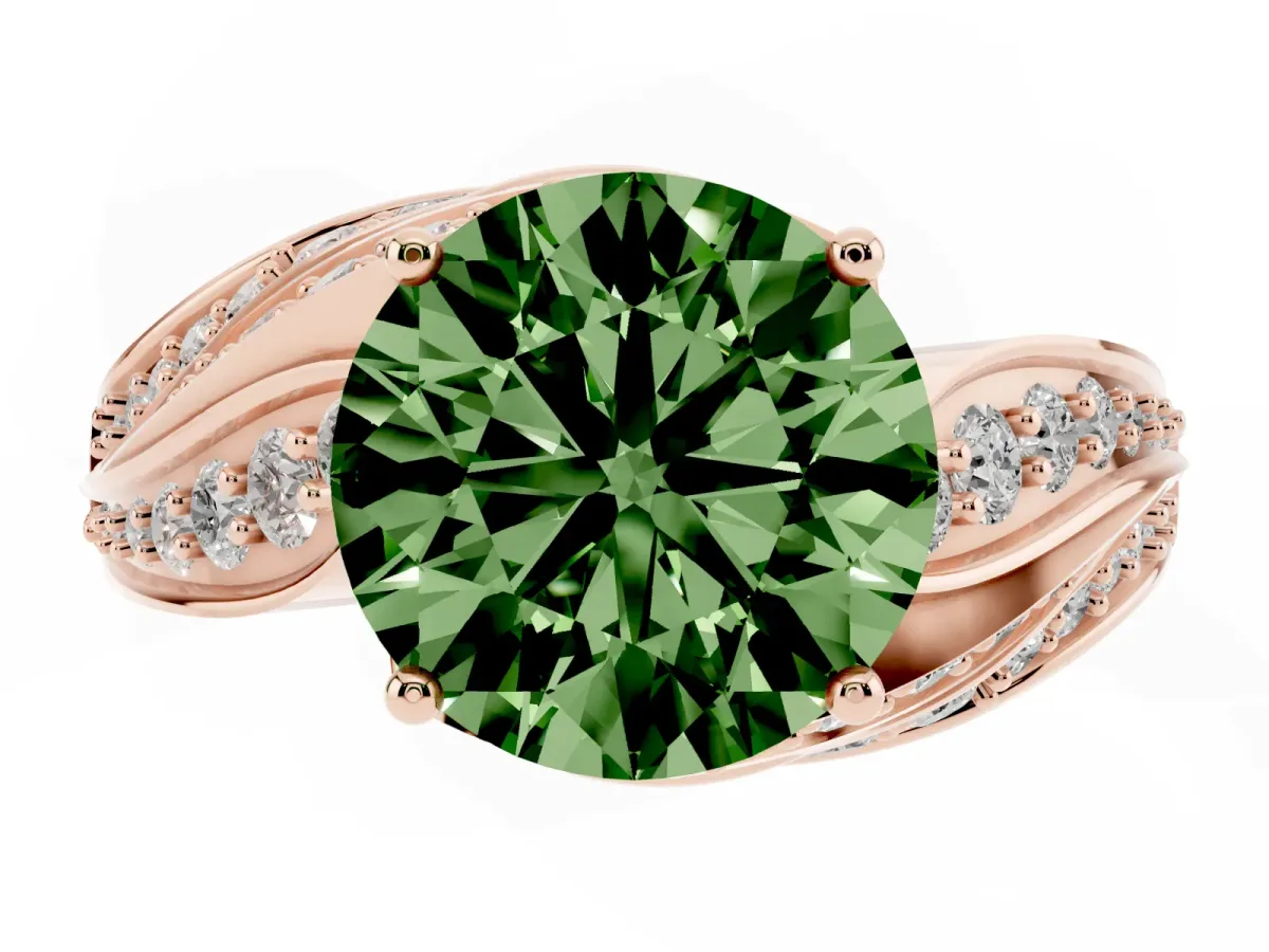 Fancy Green Round Cut Diamond Solitaire Ring with Prong Setting and Twisted Pavé Band Rose gold