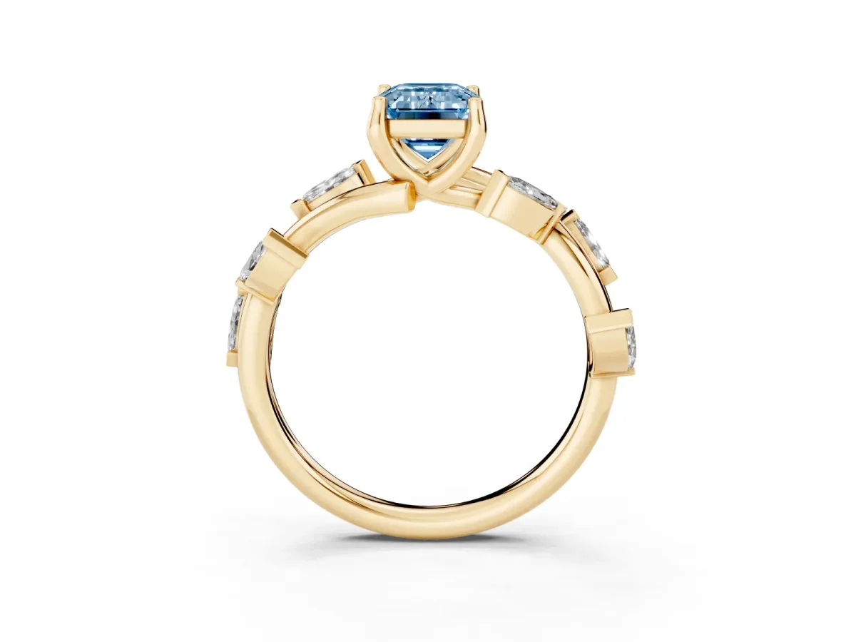 Fancy Blue Emerald Cut Solitaire Twisted Band Marquise Accent Prong Setting Ring Yellow gold