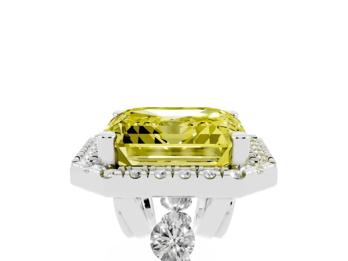 Fancy Yellow Asscher Cut Halo Pavé Diamond Engagement Ring with Four-Prong Setting Platinum