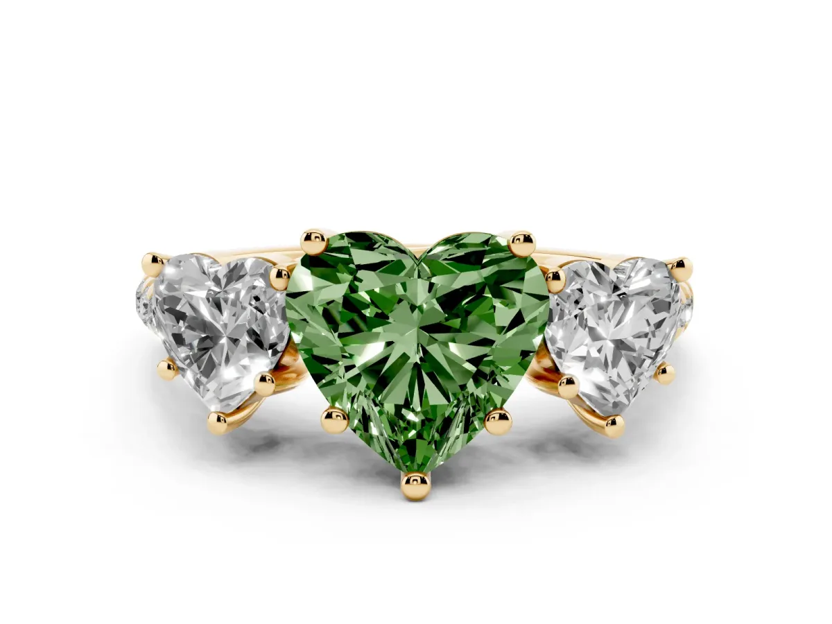 Fancy Green Three-Stone Heart Cut Diamond Ring with Round Pavé Band and Prong Setting Yellow gold
