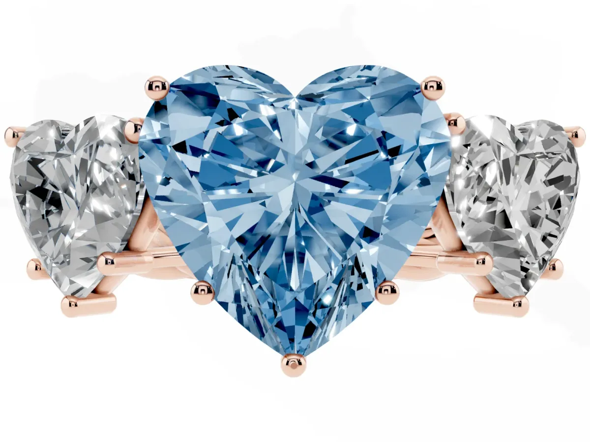 Fancy Blue Three-Stone Heart Cut Diamond Braided Band Ring with Four-Prong Setting Rose gold