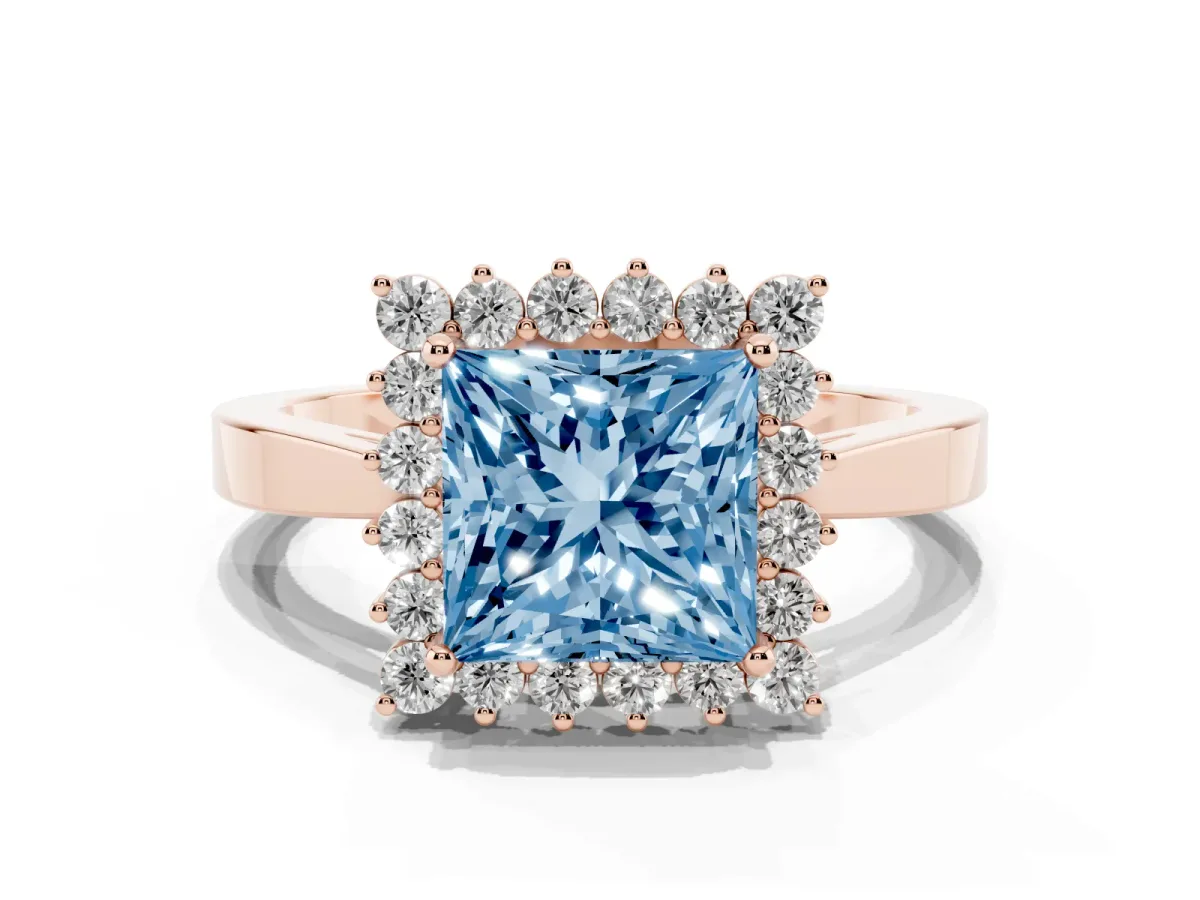 Fancy Blue Princess Cut Cut Diamond Halo Ring with Round Brilliant Halo and Solitaire Band Rose gold