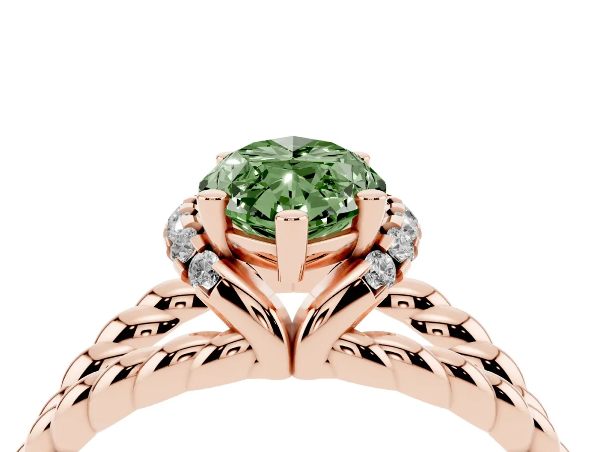 Fancy Green Marquise Cut Halo Twisted Band Four-Prong Ring Rose gold