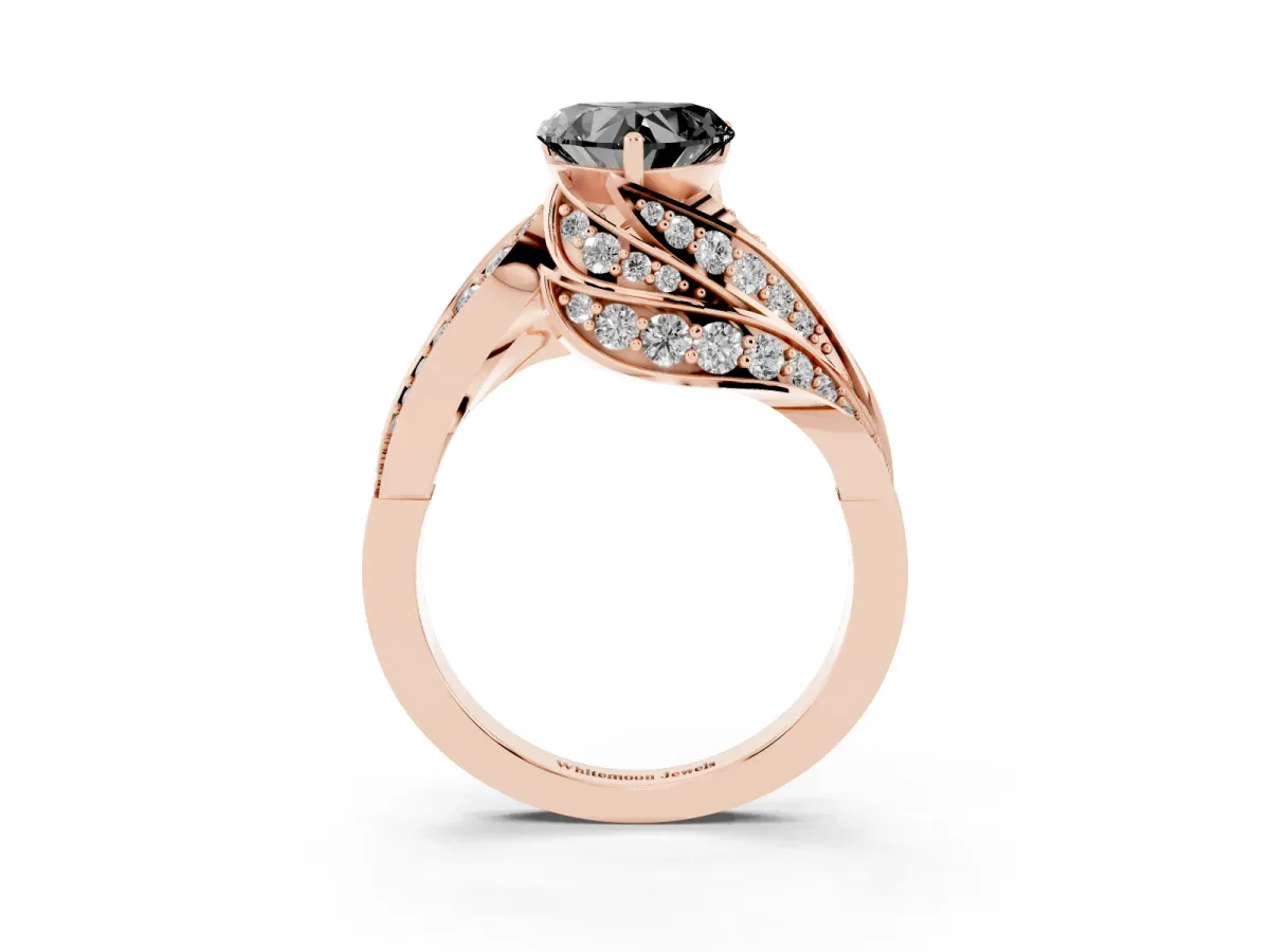Fancy Black Heart Cut Diamond Solitaire Ring with Prong Setting and Twisted Pavé Band Rose gold