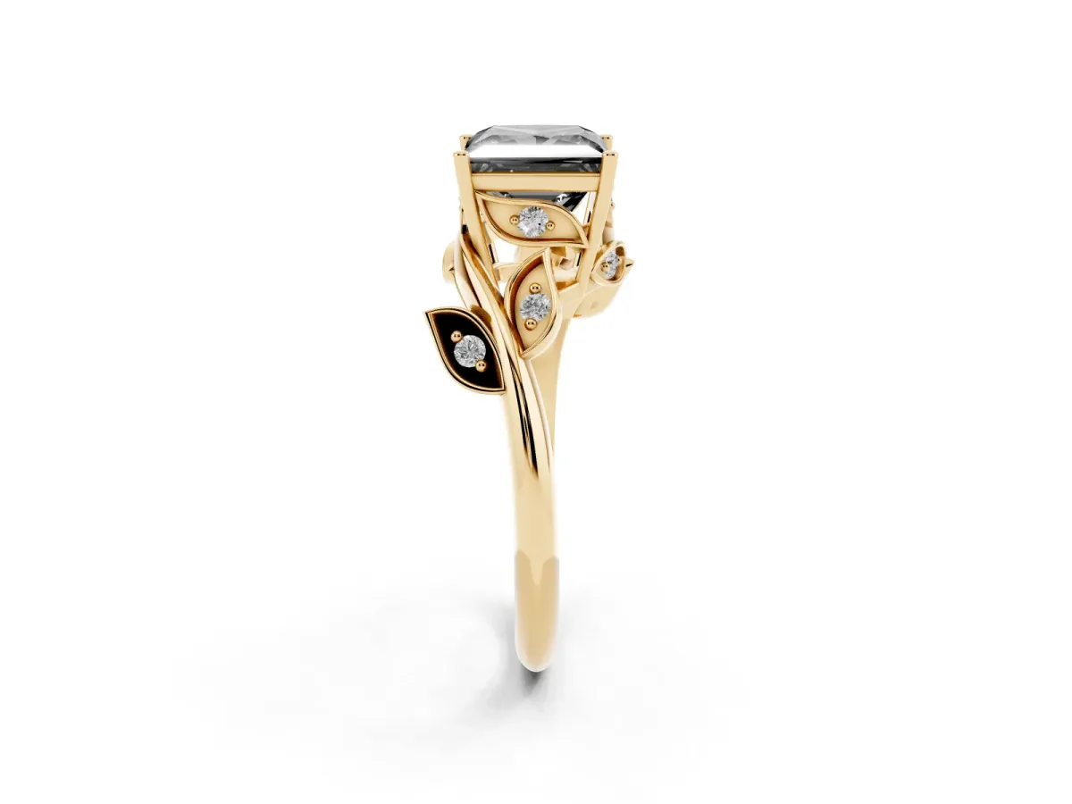 Fancy Black Princess Cut Solitaire Twist Engagement Ring with Leaf Accents and Prong Setting Yellow gold