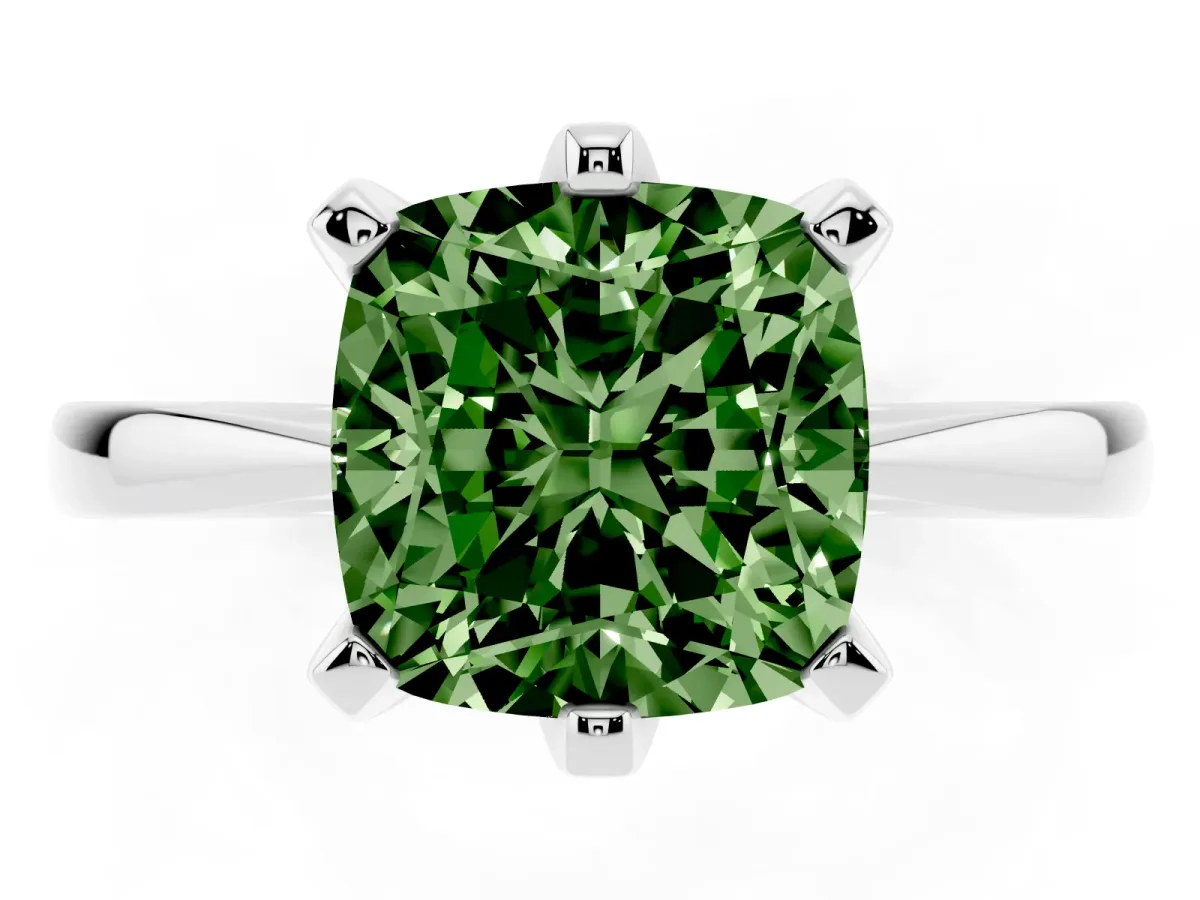 Fancy Green Cushion Cut Solitaire Engagement Ring with Six-Prong Setting and Tapered Band Platinum