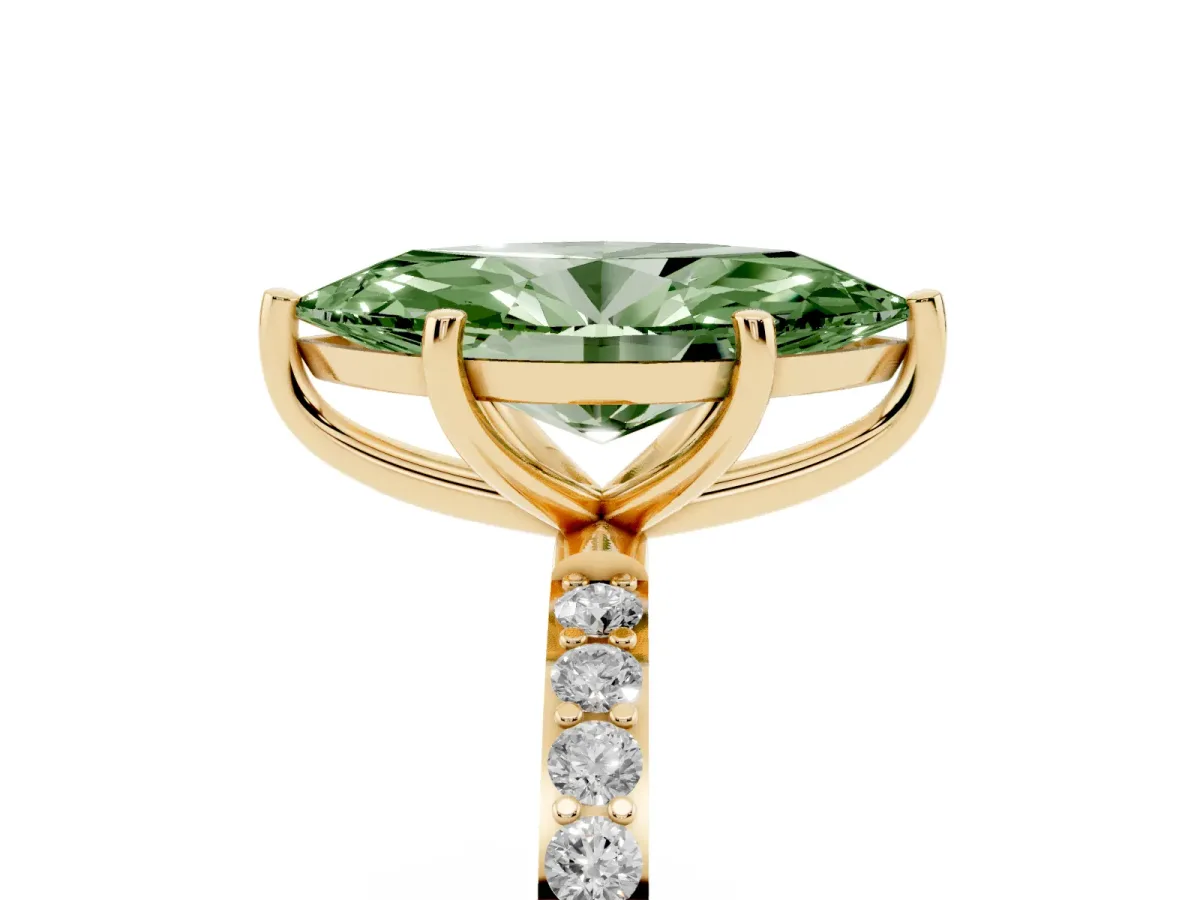 Fancy Green Marquise Cut Diamond Solitaire Ring with Round Pavé Shoulders and Prong Setting Yellow gold