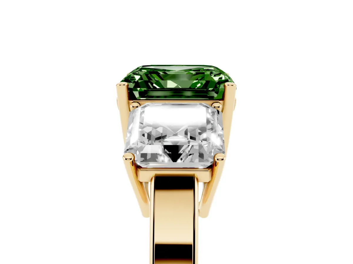Fancy Green Three-Stone Asscher Cut Cut Diamond Engagement Ring with Flat Band and Four-Prong Setting Yellow gold