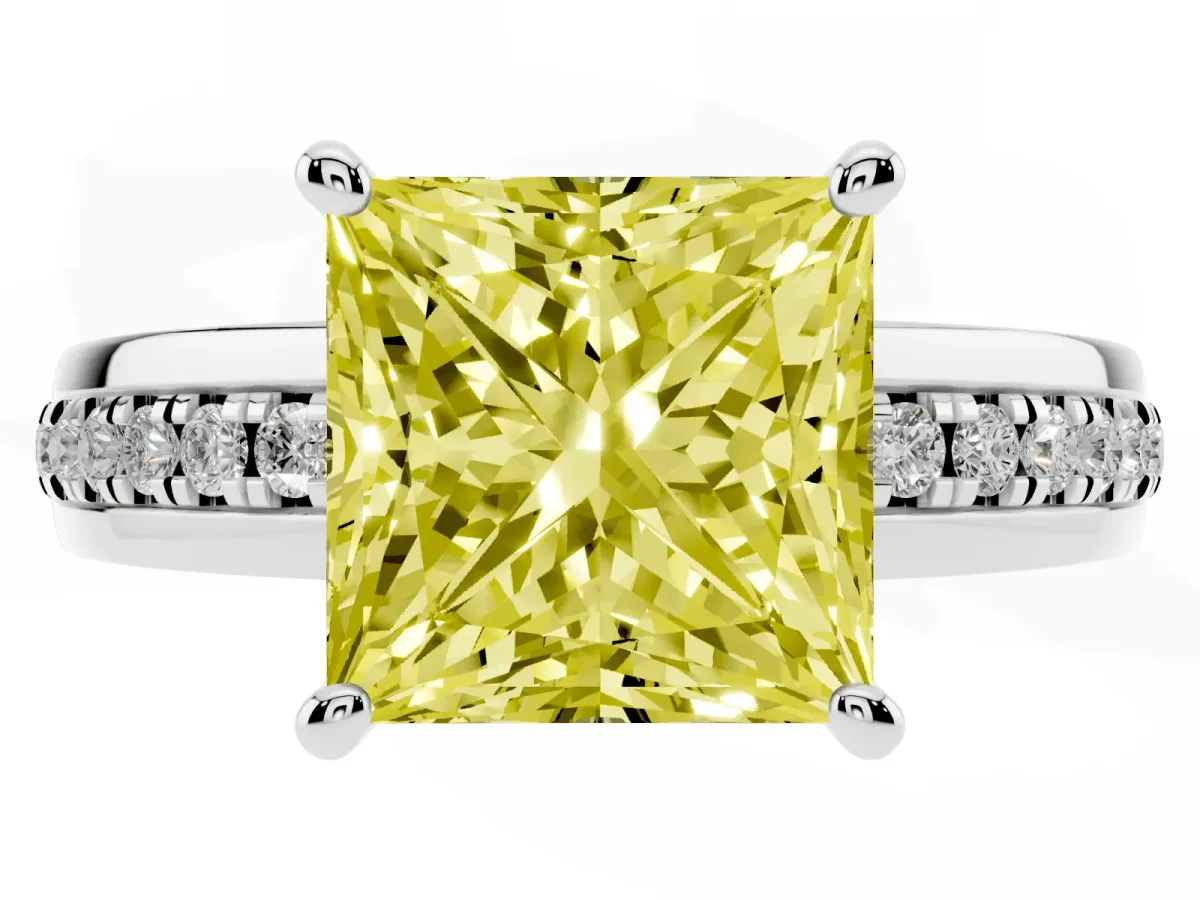 Fancy Yellow Princess Cut Solitaire Diamond Ring with Channel Set Band and Six-Prong Setting Platinum
