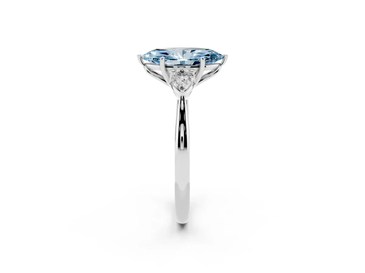 Fancy Blue Three-Stone Marquise Cut Diamond Ring with Pear Side Stones in Four-Prong Setting Silver