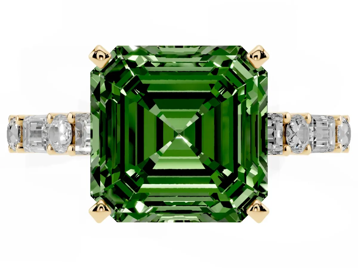 Fancy Green Asscher Cut Diamond Solitaire with Side Baguettes and Channel Set Band Yellow gold