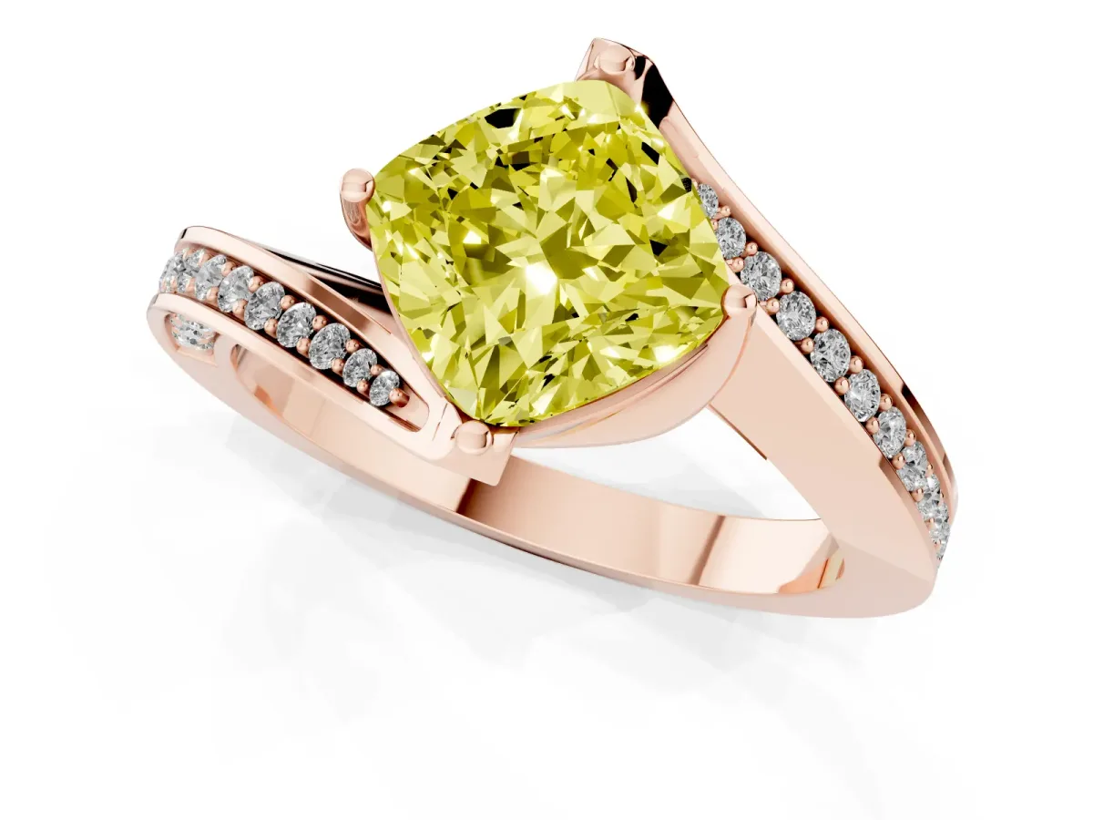 Fancy Yellow Cushion Cut Solitaire Diamond Twist Band with Pavé Setting and Four-Prong Setting Rose gold