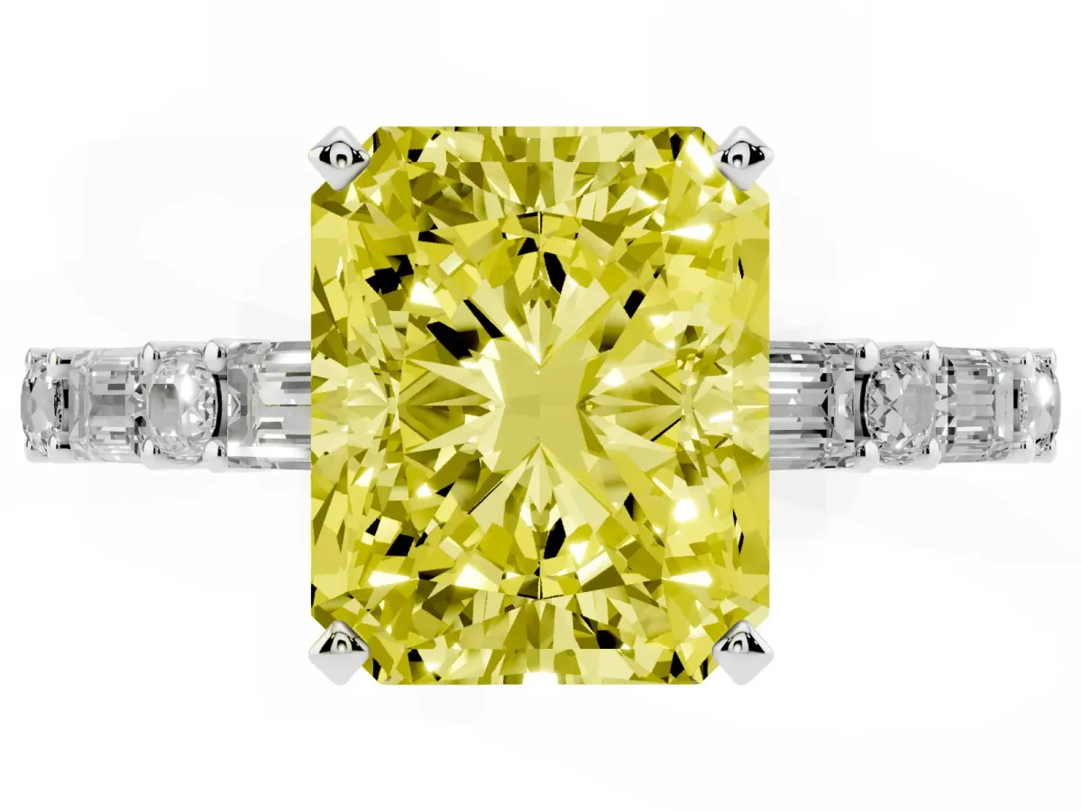 Fancy Yellow Radiant Cut Diamond Solitaire with Side Baguettes and Channel Set Band Platinum
