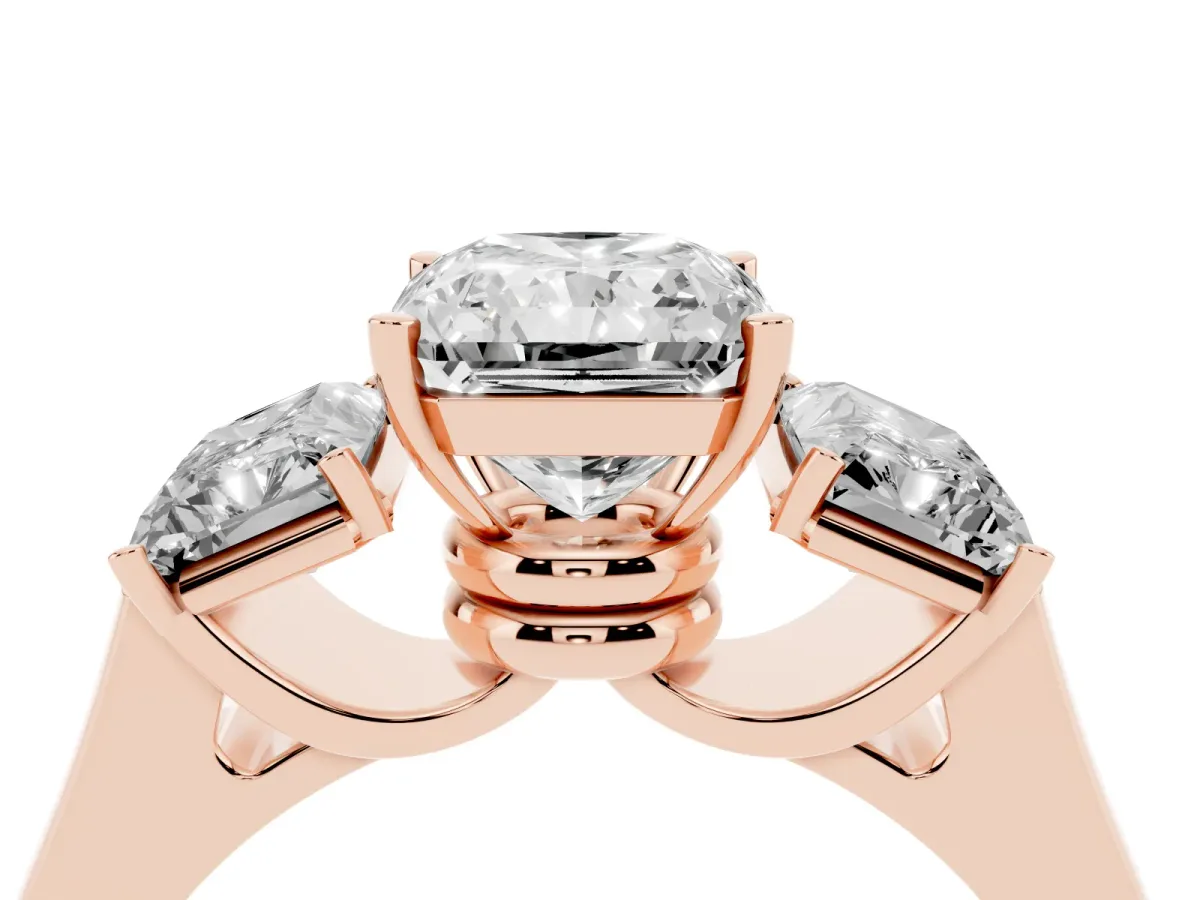 Three-Stone Radiant Cut Brilliant Diamond Trellis Ring with Comfort Fit Band Rose gold
