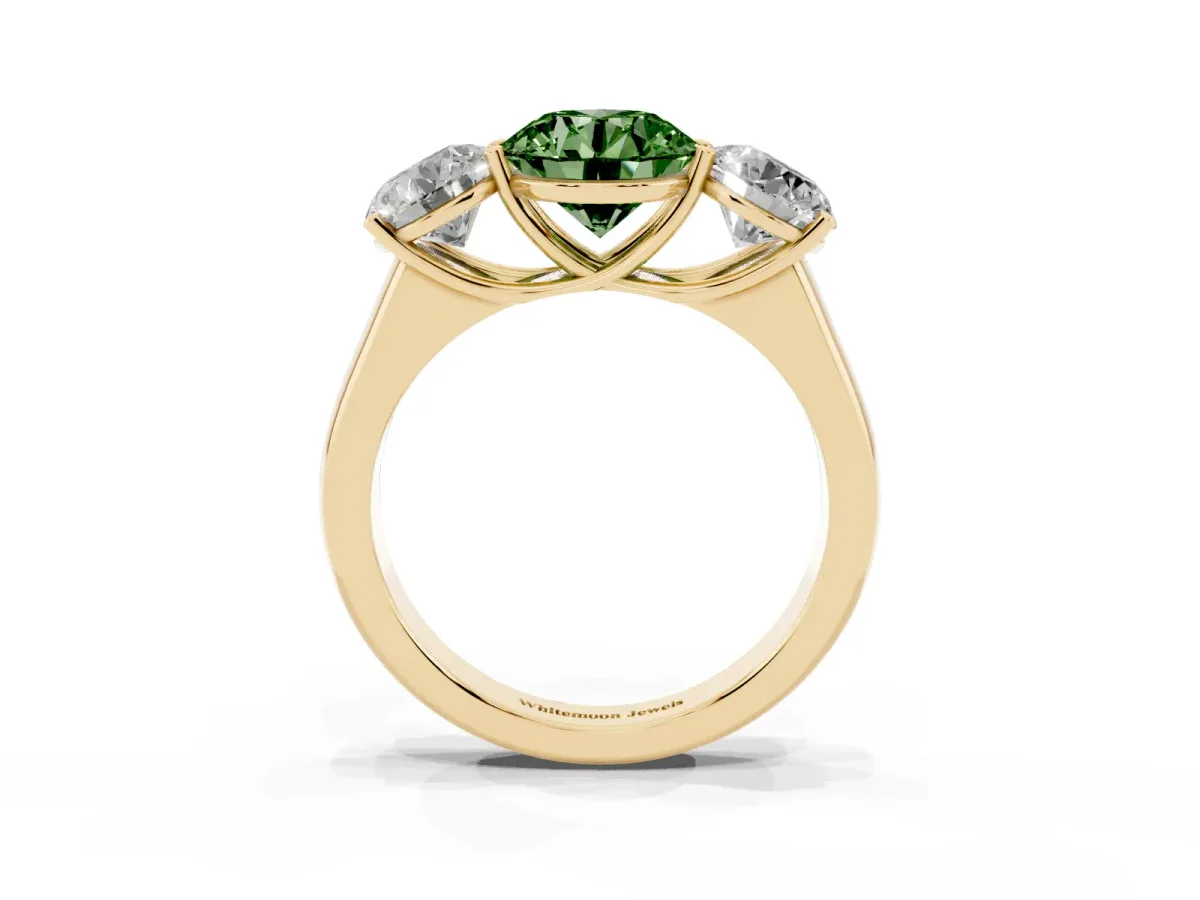 Fancy Green Round Cut Three-Stone Diamond Ring with Prong Setting on a Classic Band Yellow gold