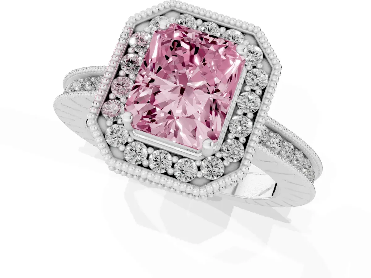 Fancy Pink Radiant Cut Diamond Milgrain Halo Engagement Ring with Round Pavé Band and Prong Setting Platinum