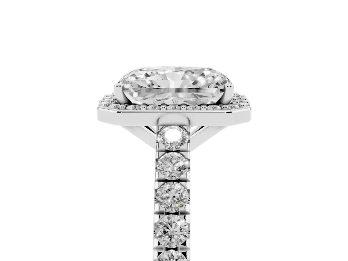 Radiant Cut Cut Halo Diamond Engagement Ring with Pave Band and Four-Prong Setting Silver