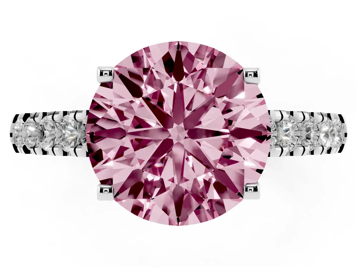 Fancy Pink Round Cut Diamond Pavé Band Solitaire Ring with Prong Setting Platinum