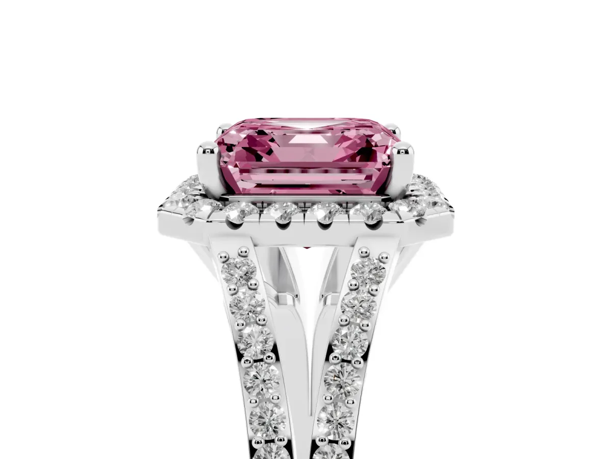 Fancy Pink Asscher Cut Halo Split Shank Diamond Ring with Prong Setting Silver