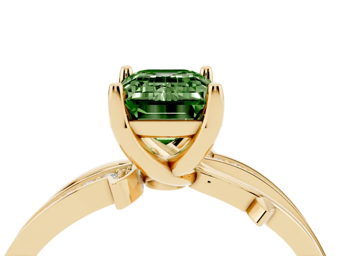 Fancy Green Emerald Cut Solitaire Twist Band with Pavé Accents and Four-Prong Setting Yellow gold