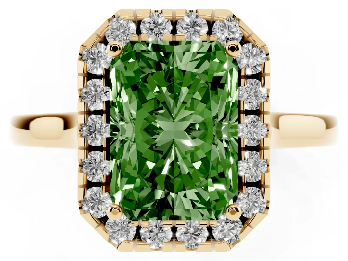 Fancy Green Radiant Cut Halo Round Diamond Solitaire Ring with Pavé Band and Four-Prong Setting Yellow gold