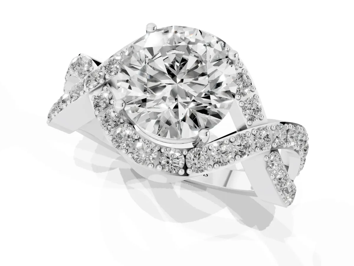Round Cut Solitaire Twist Band Pavé Diamond Engagement Ring Silver