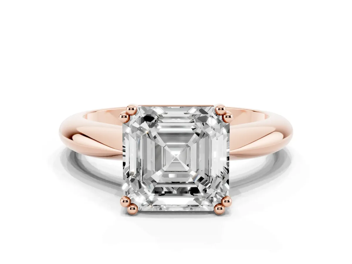 Asscher Cut Cut Solitaire Engagement Ring with Tapered Band and Four-Prong Setting Rose gold