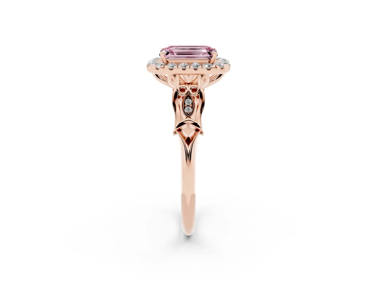 Fancy Pink Emerald Cut Halo Diamond Engagement Ring with Filigree Band and Four-Prong Setting Rose gold