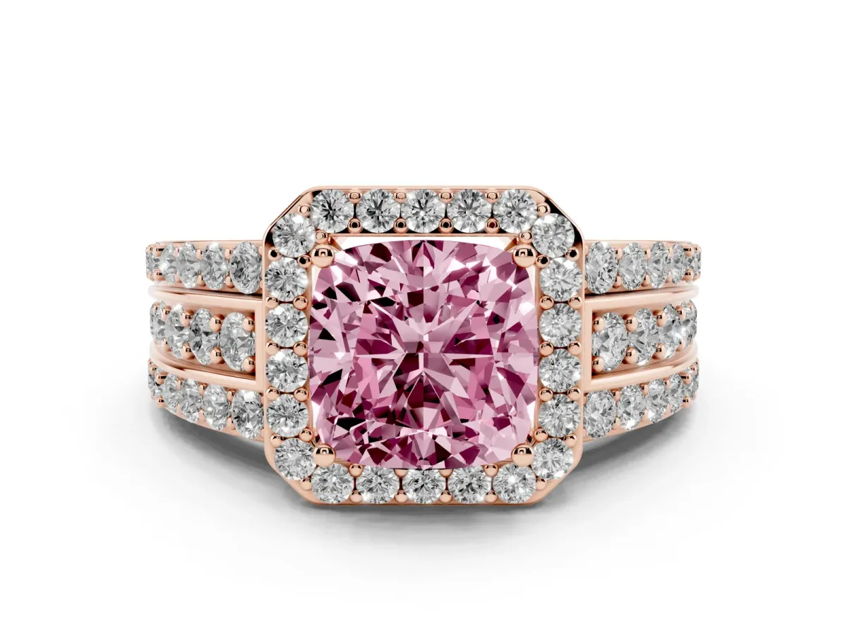 Fancy Pink Cushion Cut Halo Diamond Ring with Round Split Shank and Prong Setting Rose gold