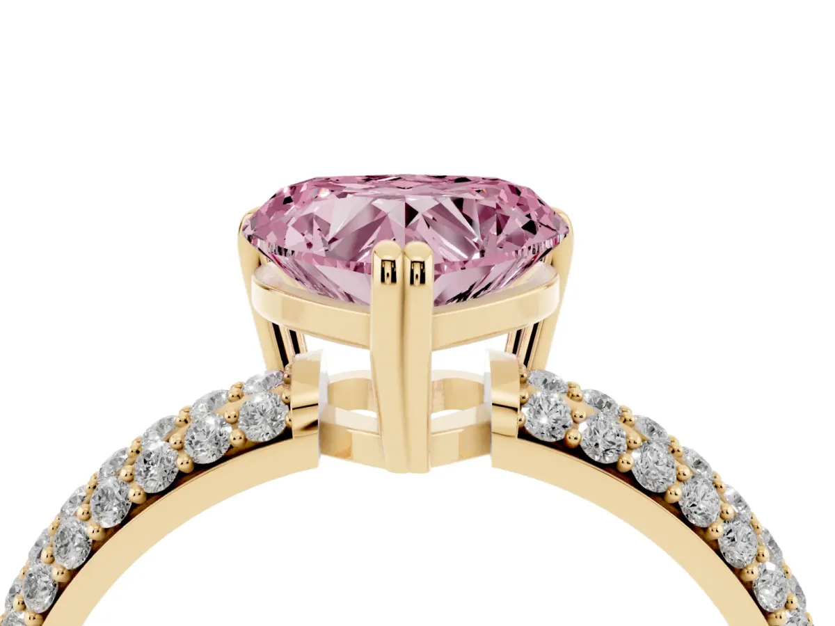 Fancy Pink Heart Cut Diamond Solitaire Ring with Multi-Row Round Pavé Band and Prong Setting Yellow gold