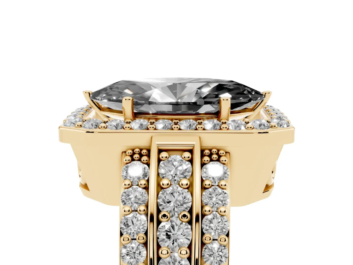 Fancy Black Marquise Cut Halo Diamond Ring with Round Split Shank and Prong Setting Yellow gold