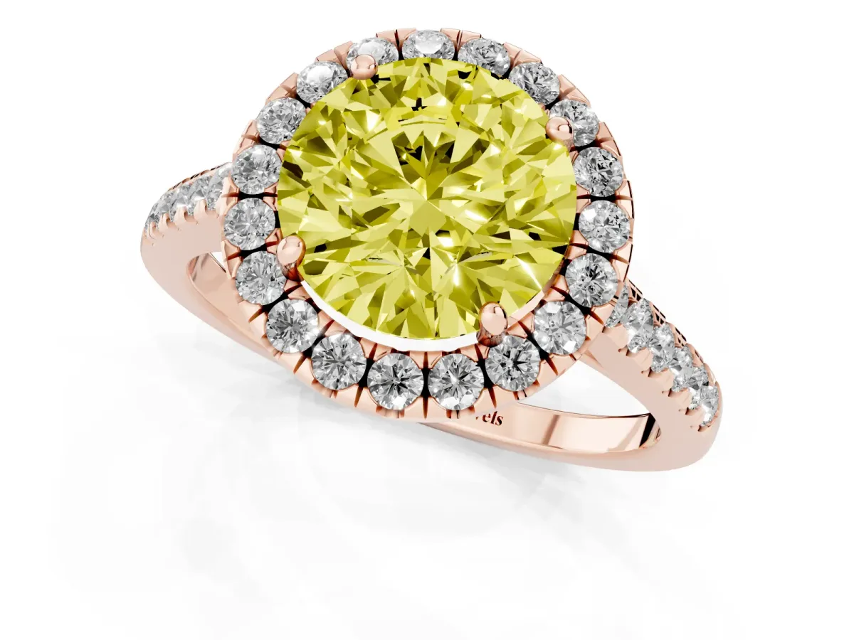 Fancy Yellow Round Cut Halo Pave Diamond Engagement Ring with Four-Prong Setting Rose gold
