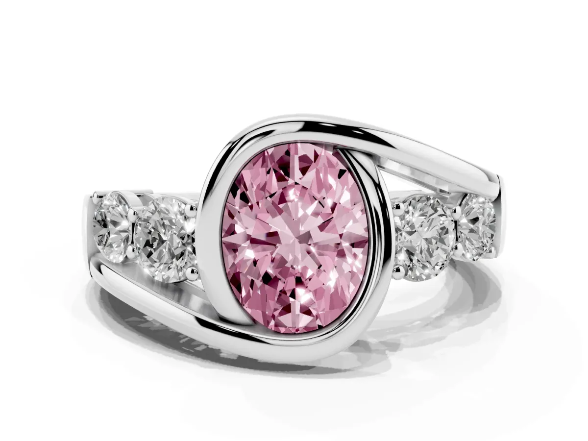Fancy Pink Bezel Set Oval Cut Diamond Bypass Ring with Round Accents Silver
