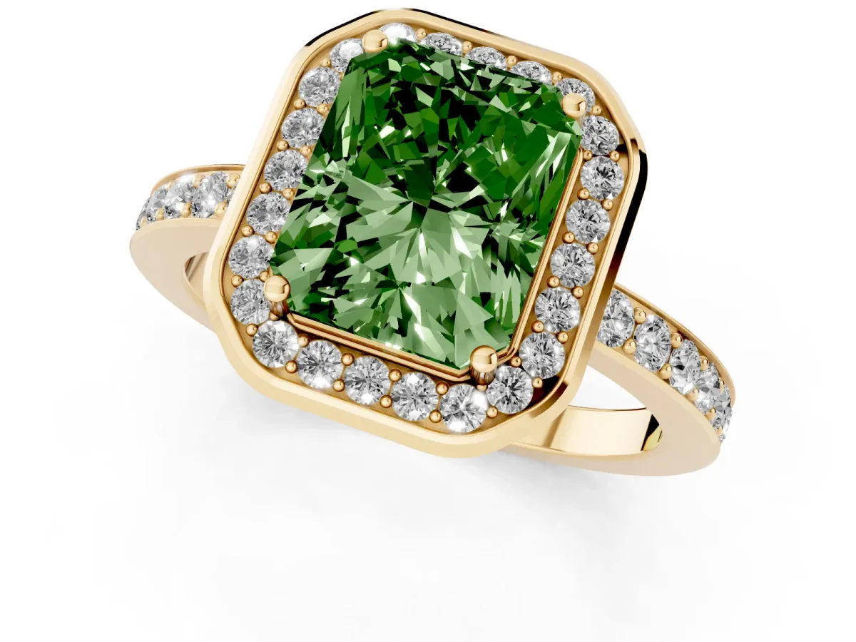 Fancy Green Radiant Cut Diamond Halo Ring with Bezel Frame and Pavé Band Yellow gold