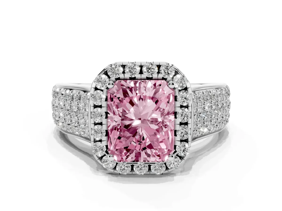 Fancy Pink Radiant Cut Halo Round Diamond Pave Band with Prong Setting Silver