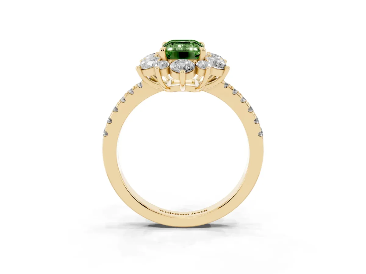 Fancy Green Emerald Cut Diamond Floral Halo Ring with Round Pavé Band and Prong Setting Yellow gold