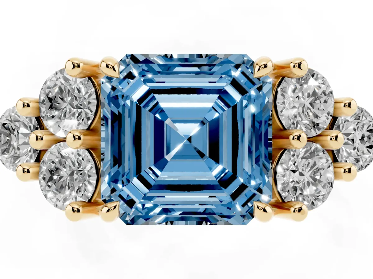 Fancy Blue Asscher Cut Brilliant Diamond Cluster Accent Solitaire Ring with Prong Setting Yellow gold