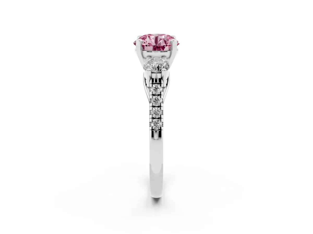 Fancy Pink Three-Stone Round Cut Diamond Pavé Band with Four-Prong Setting Platinum