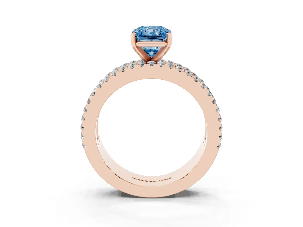 Fancy Blue Radiant Cut Diamond Solitaire Ring with Pavé and Channel Set Band Rose gold
