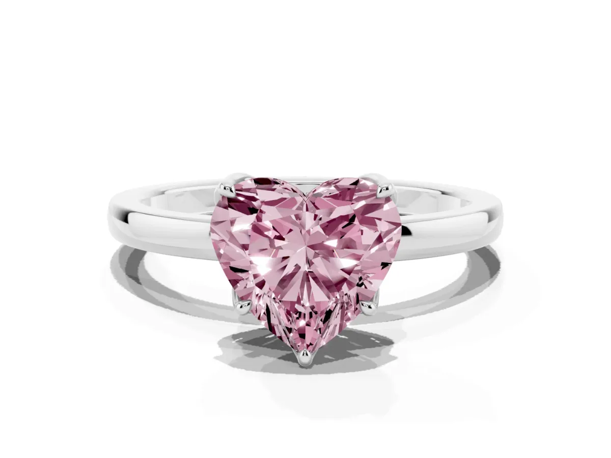 Fancy Pink Heart Cut Diamond Solitaire Ring with Thin Band and Prong Setting Silver