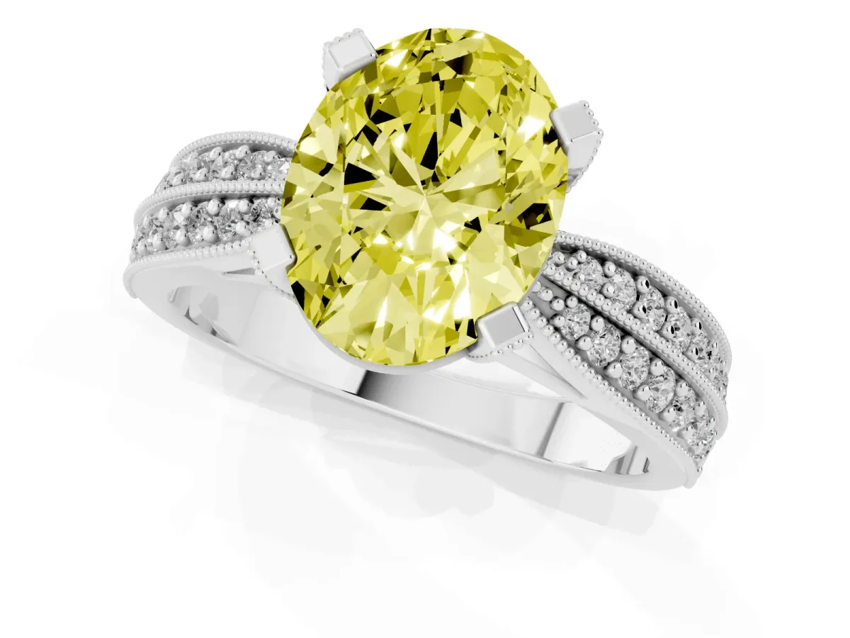 Fancy Yellow Oval Cut Diamond Solitaire Ring with Milgrain Round Pavé Band and Prong Setting Silver