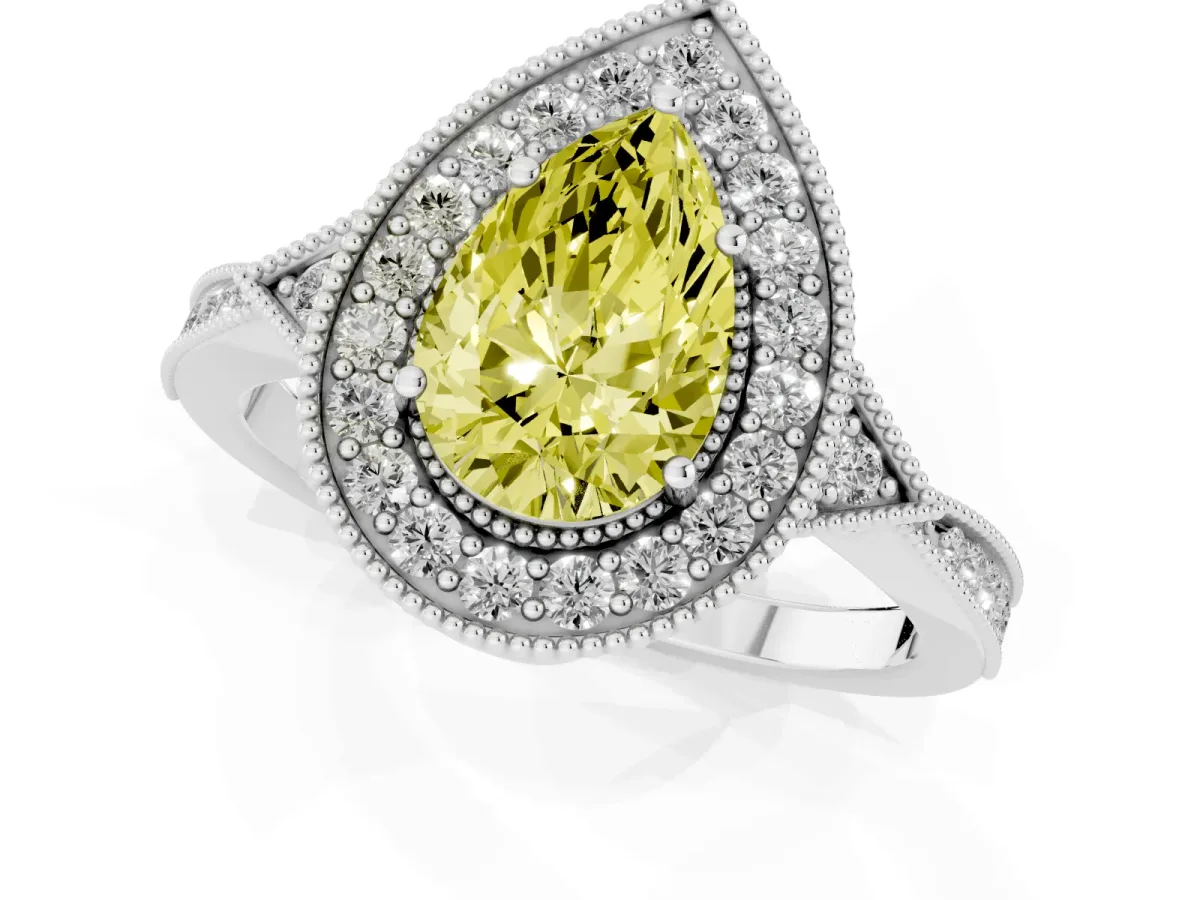 Fancy Yellow Pear Cut Halo Round Diamond Milgrain Pave Engagement Ring Platinum