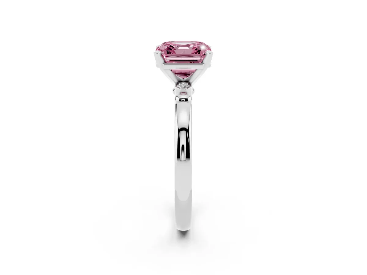Fancy Pink Asscher Cut Solitaire Beaded Band with Four-Prong Setting Silver