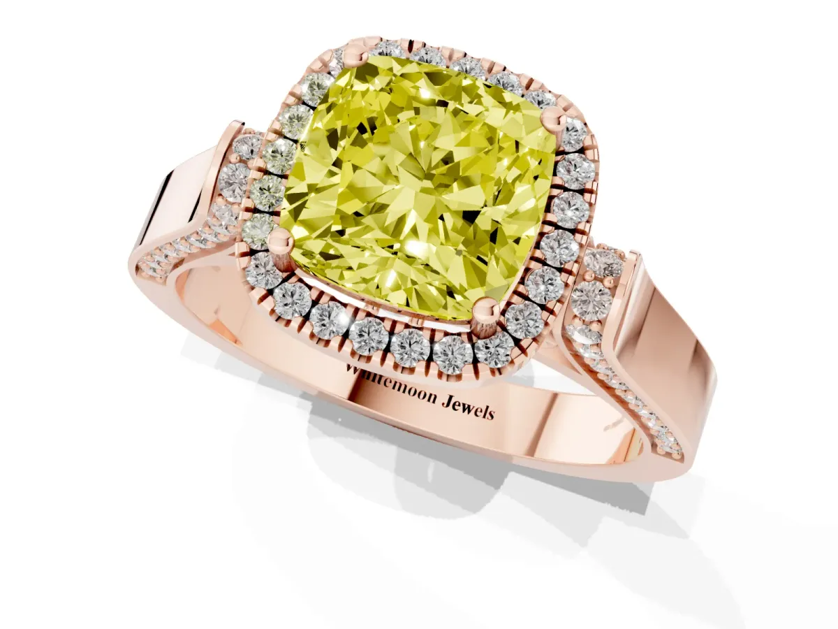Fancy Yellow Cushion Cut Halo Pave Split Shank Prong Setting Ring Rose gold