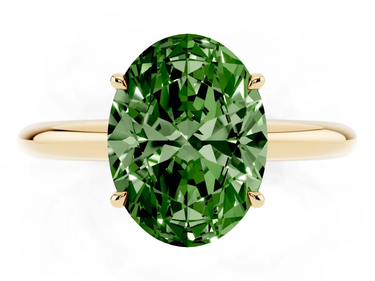 Fancy Green Oval Cut Brilliant Solitaire Engagement Ring with Six-Prong Setting and Classic Band Yellow gold