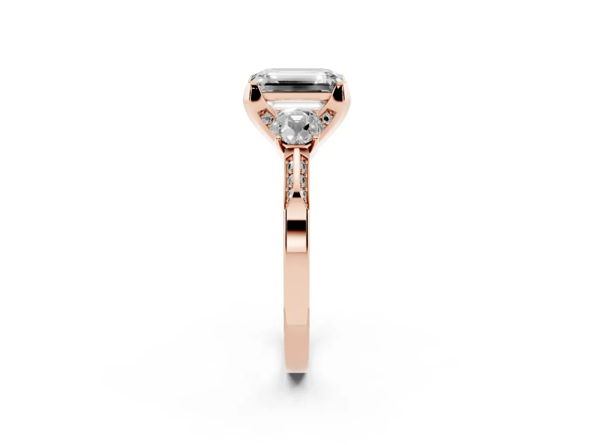 Fancy Yellow Emerald Cut Brilliant Three-Stone Diamond Ring with Pavé Band and Four-Prong Setting Rose gold