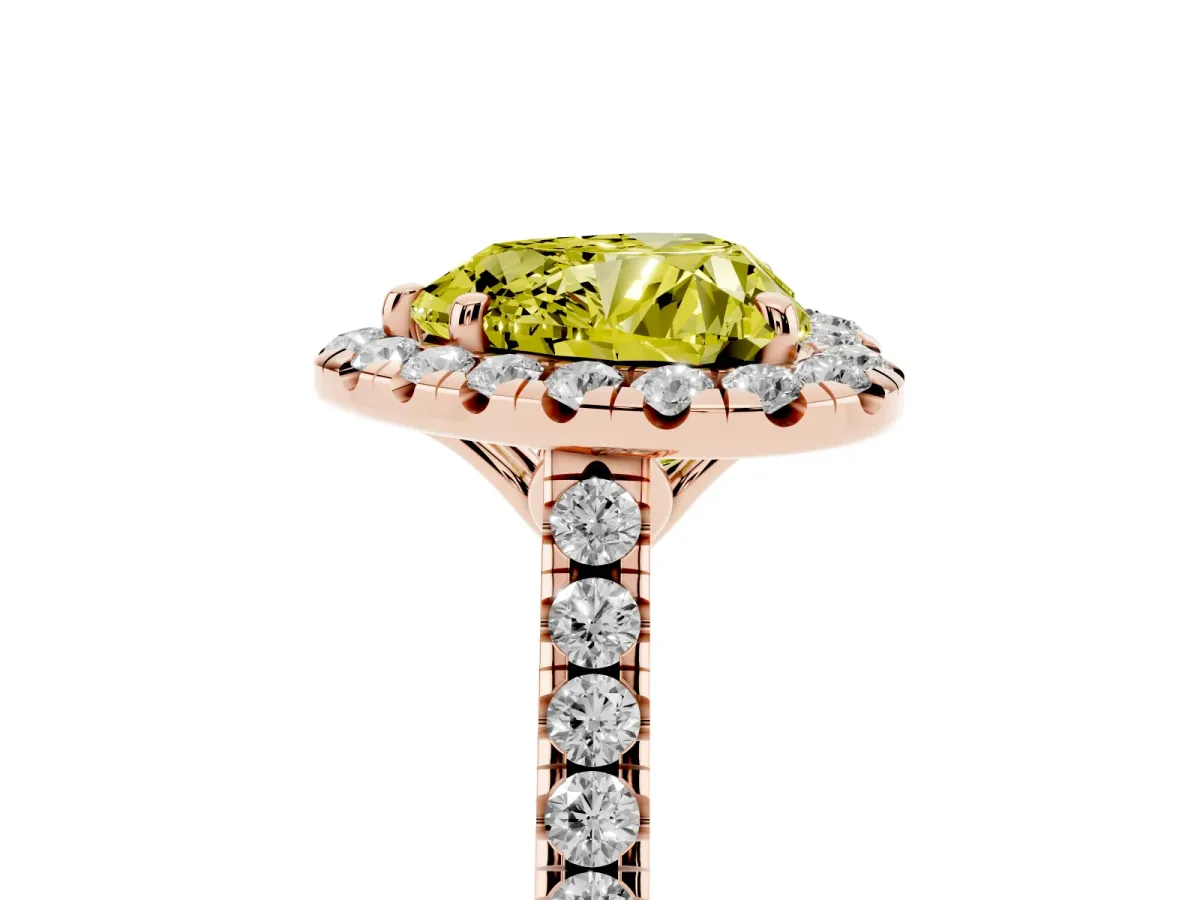 Fancy Yellow Heart Cut Halo Pavé Diamond Engagement Ring with Four-Prong Setting Rose gold